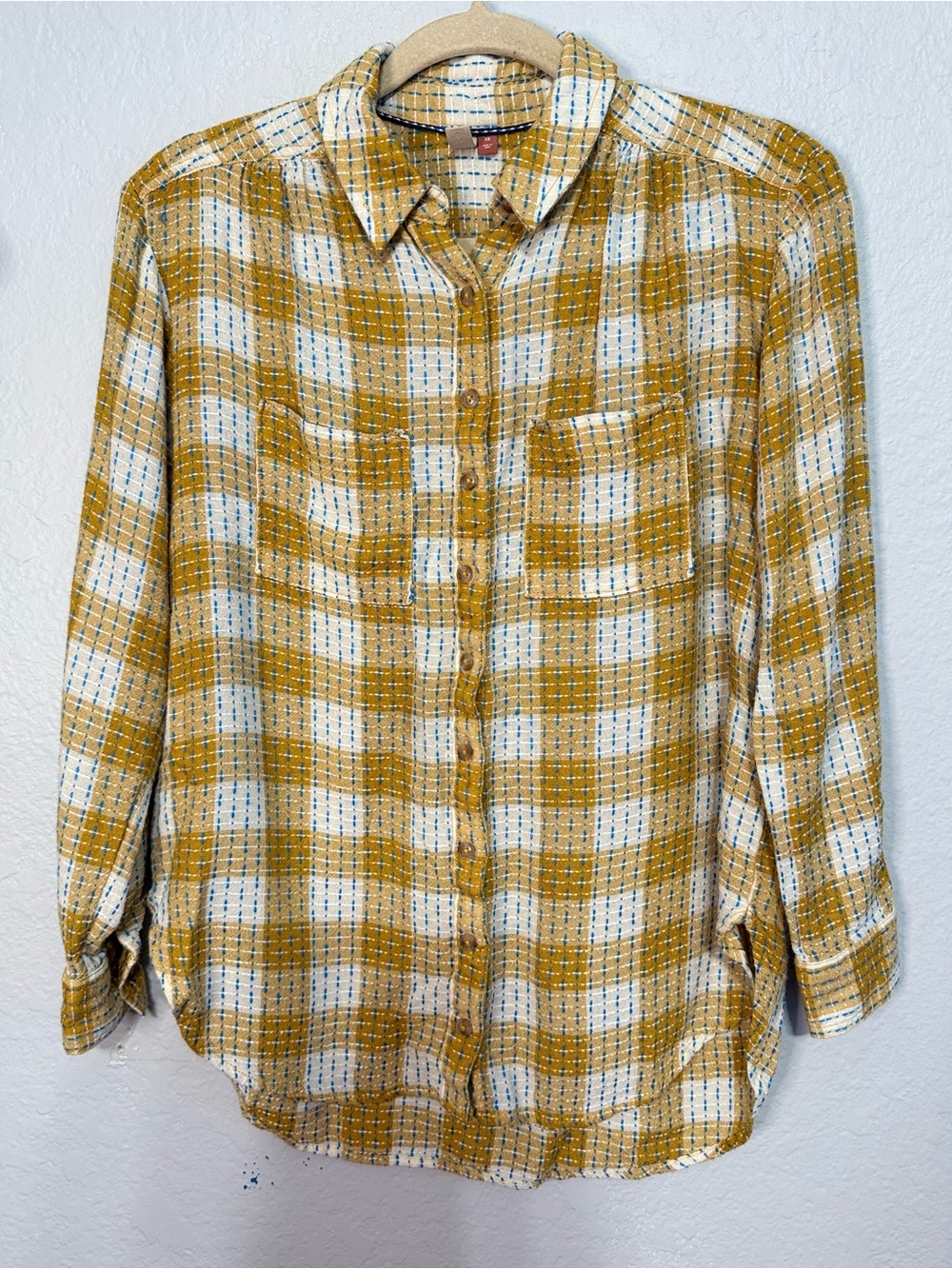 Pilcro Mustard, White & Blue Plaid Shirt
